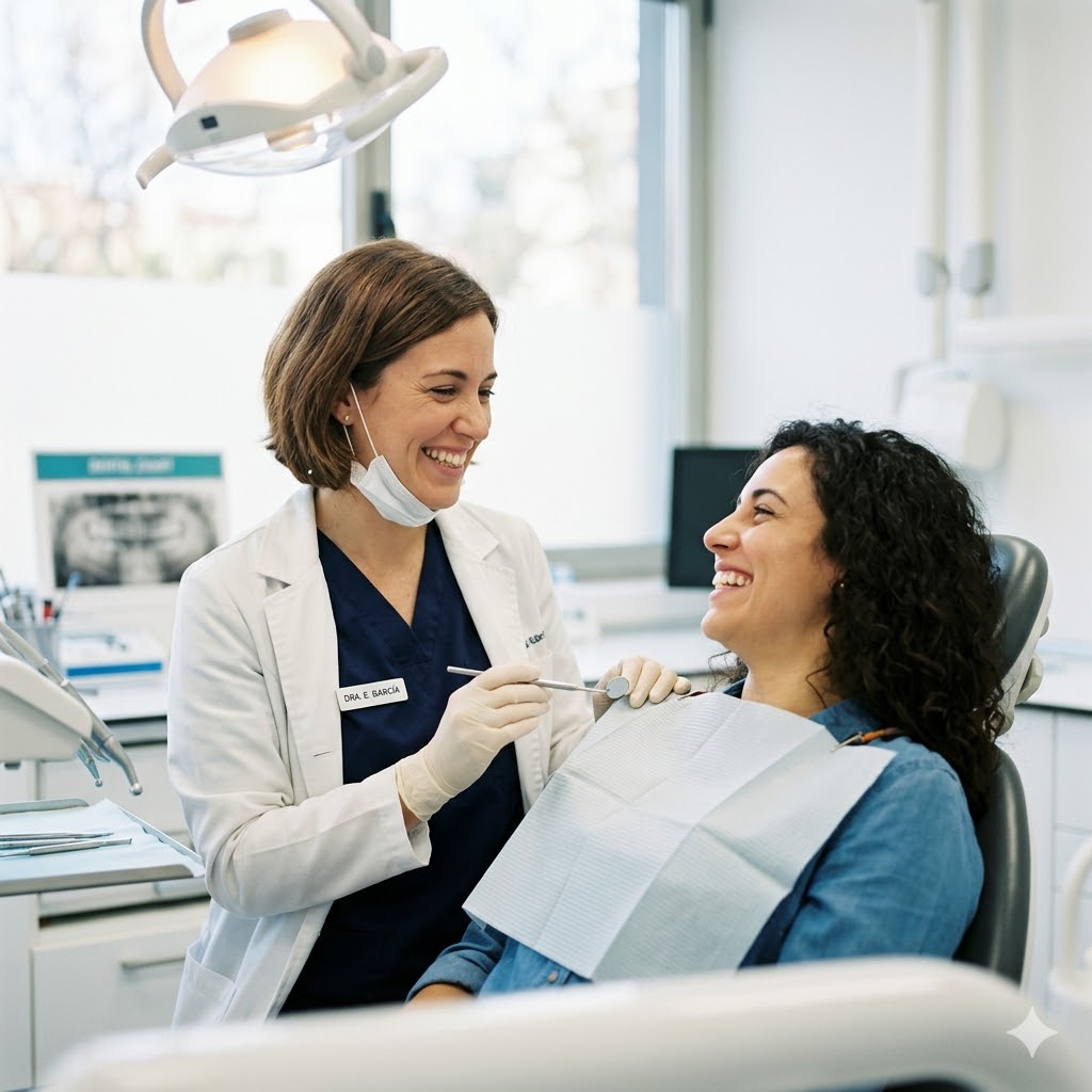 Dentista y paciente sonriendo
